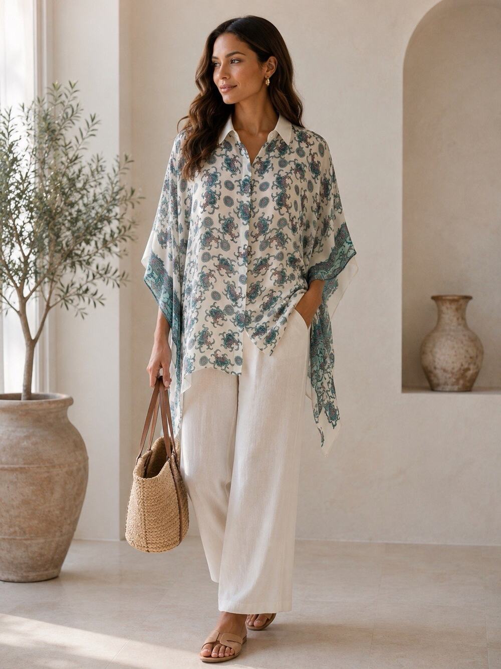Kobi Halperin M/L Paisley Kaftan Blouse Silk Viscose Boho Resort Tunic Top
